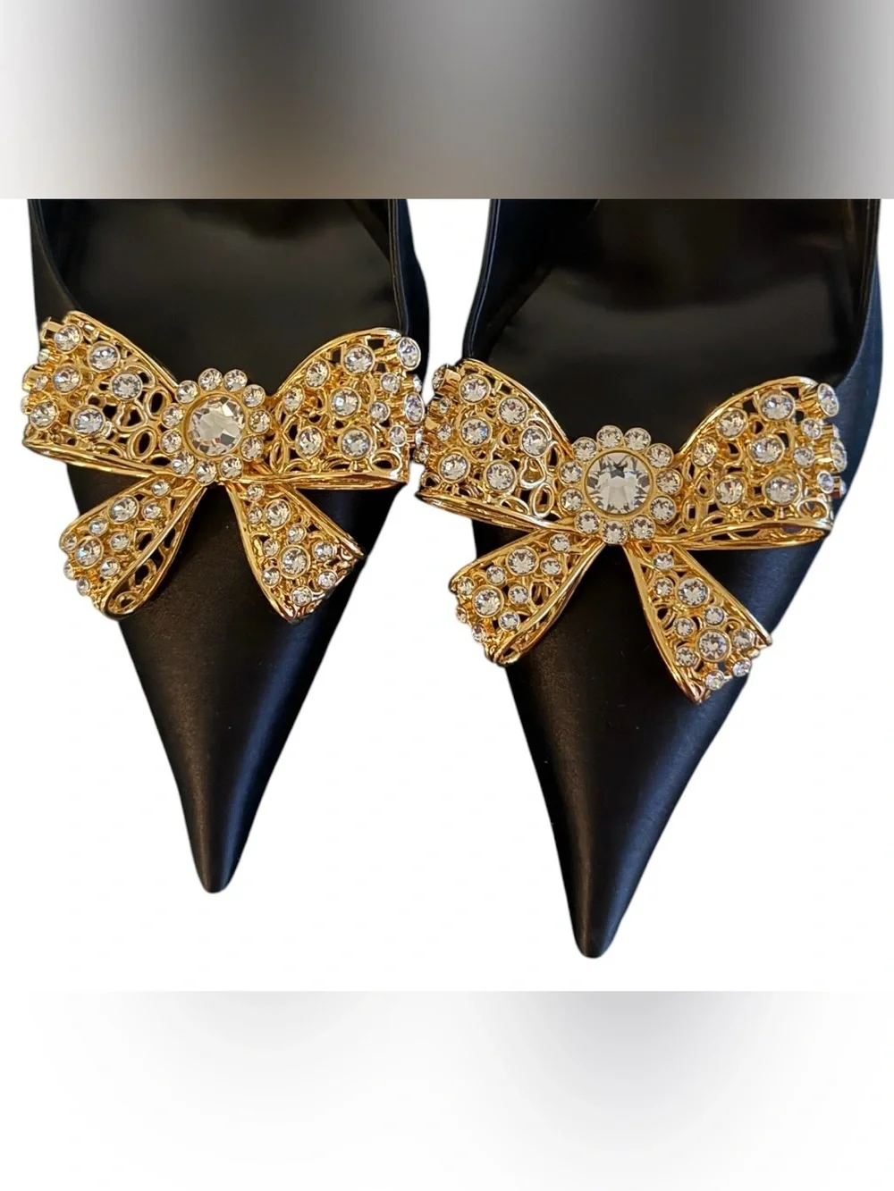 Versace Black Satin Pumps With Embellished Gold & Crystal Bow Sz EU40/US10 (New)